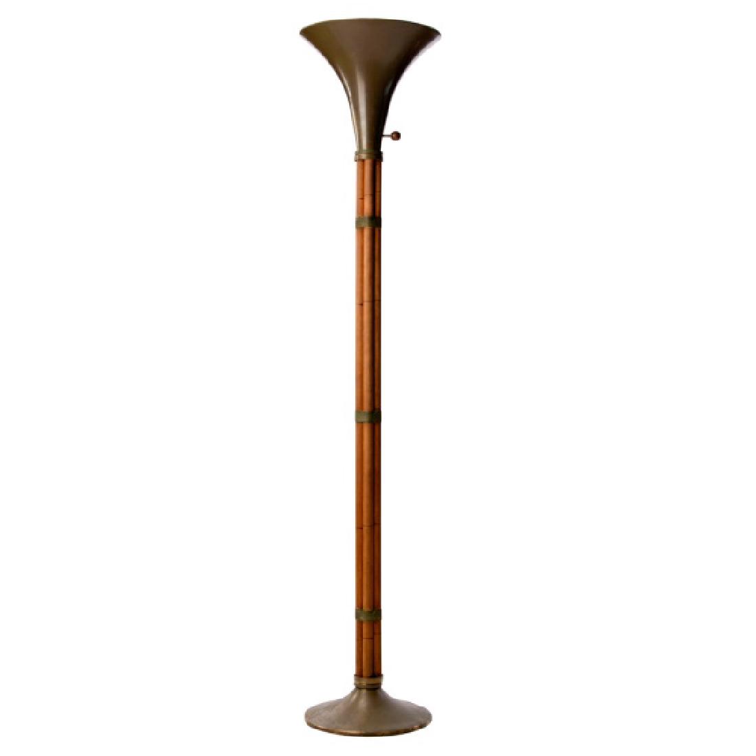 Russel Wright Faux Bamboo Torchiere Floor Lamp: Russel Wright (American, 1904-1976) for Raymor (American, 29th century) Faux bamboo torchiere floor lamp, circa 1950s Carved maple, spun brass, brass wire Approx. height 65.75", diameter 12.5"