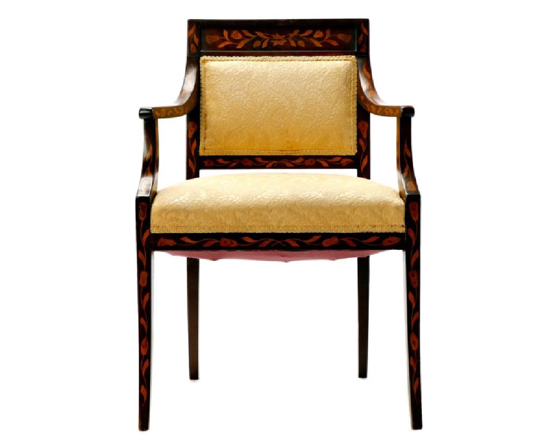Edwardian Marquetry Inlaid Armchair: English Marquetry inlaid Edwardian armchair, early 20th century Mixed woods, silk upholstery Unmarked Approx. height 34.25", width 23", depth 19.5"