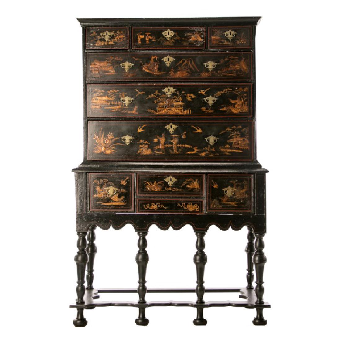 William & Mary Style Japanned Chest on Chest: English or American William and Mary style chest on chest with three short over three graduated long drawers, the stand with a single drawer, 19th century with later elements Japanning, black lacquer,