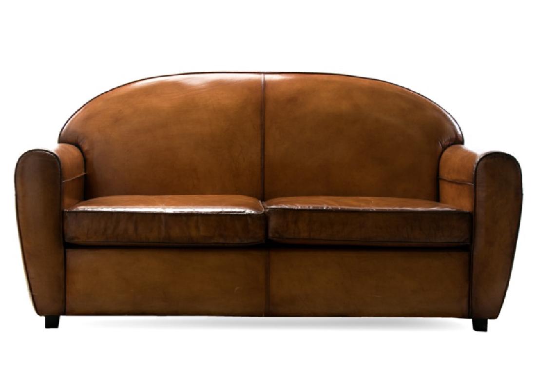 Art Deco Style Tan Leather Upholstered Couch (1 of 7)
