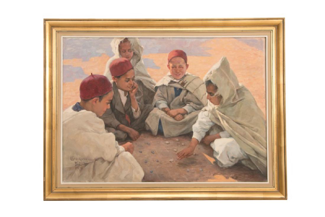 Emile Deckers, "Five Algerian Boys," Signed O/C: Emile Deckers (Belgian, 1885-1968) "Five Algerian Boys" - 1957 Oil on canvas Signed, dated, and inscribed "Alger" to lower left recto Approx. 23.75" x 31.75" (framed), 19.25" x 27.5" (unframed)