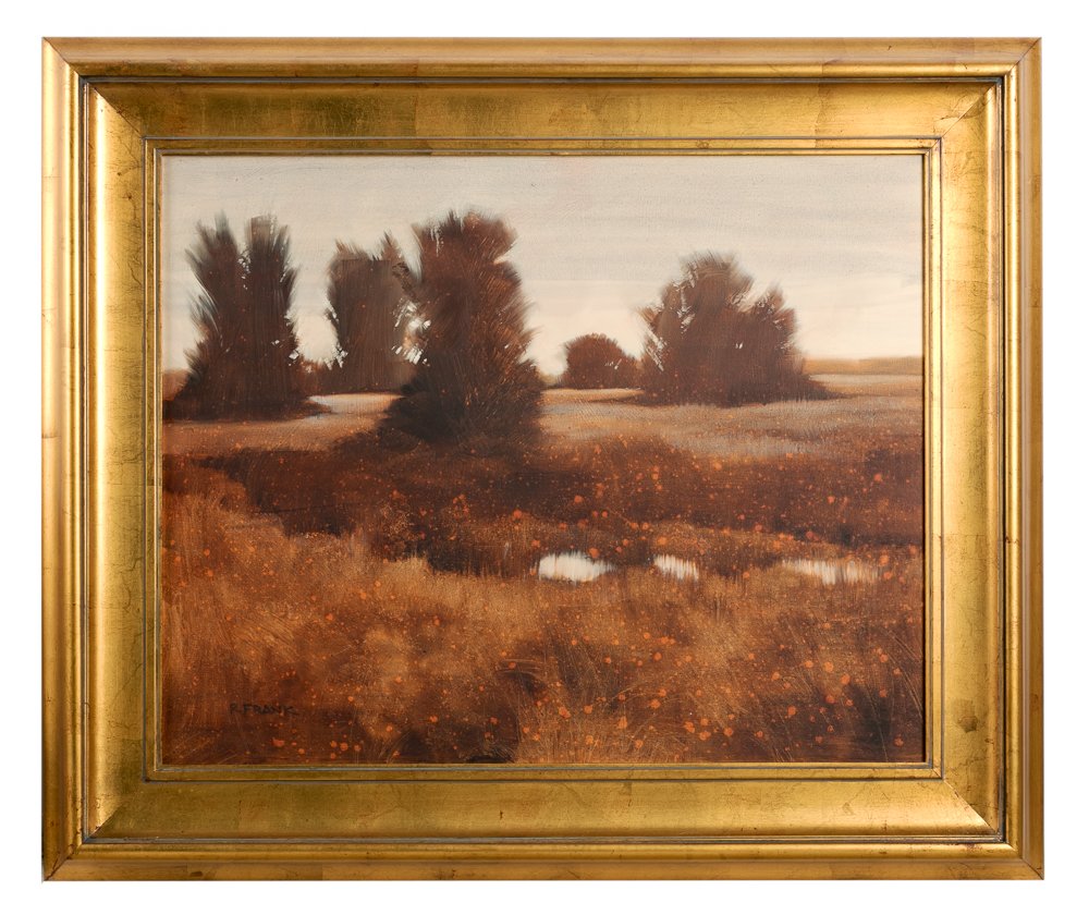 Robert Frank "Wetland Dusk" Oil On Canvas: Impressionist oil on canvas inscribed "Wetland Dusk" on stretcher and signed R. Frank lower left. Approx. 32.5" X 39" (framed) Note: Mr. Frank's work is represented in numerous corporate collections.