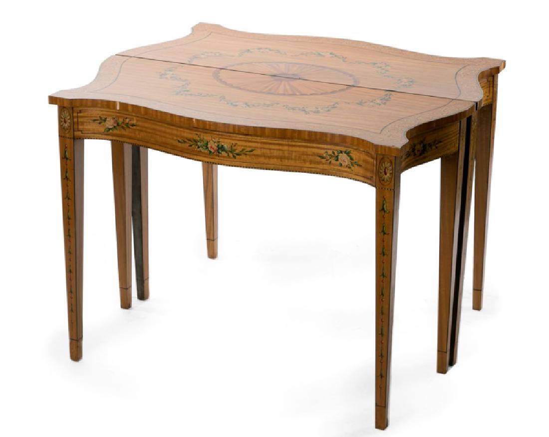 Pair, Edwardian Period Polychrome Console Tables: English, early 20th century Pair of Edwardian polychrome decorated console tables, can be put together to make a single square table. Approx. height 30.25", width 42", depth 16.75"