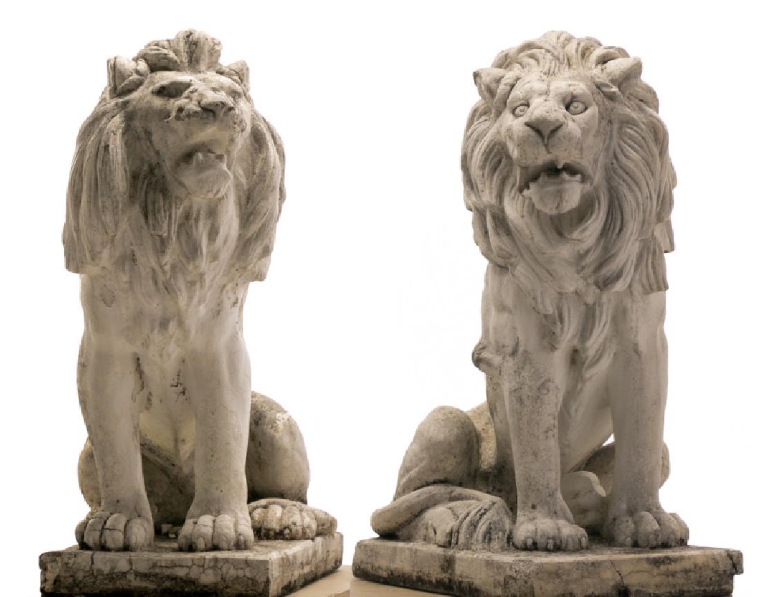Pair, Large Seated Cast Stone Guardian Lions (1 of 7)
