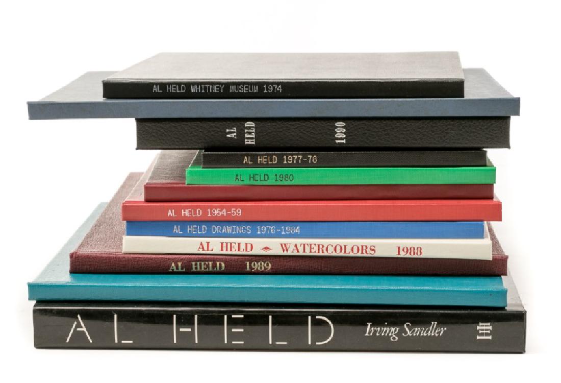 Group of 12 Art Books on Al Held: Group of 12 books pertaining to the artist Al Held. Re-bound exhibition catalogues spanning 1978-1990 from Emmerich, Miller, and the Whitney, one with individual reproductions in a clamshell binding.