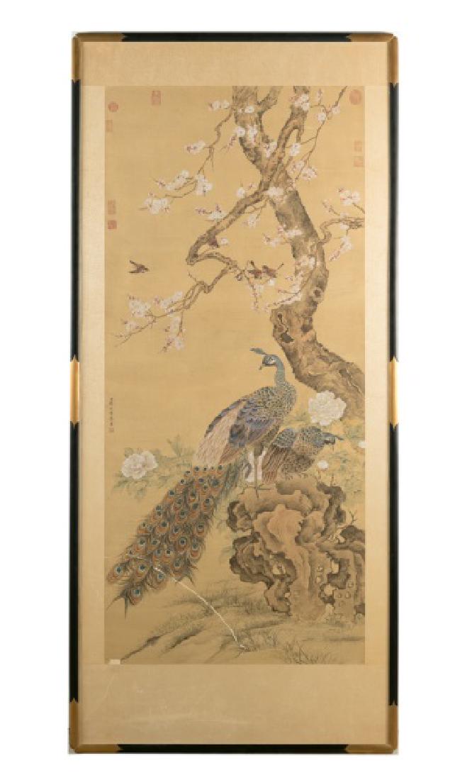 Large Chinese Painting on Silk, Peacocks & Peonies (1 of 14)