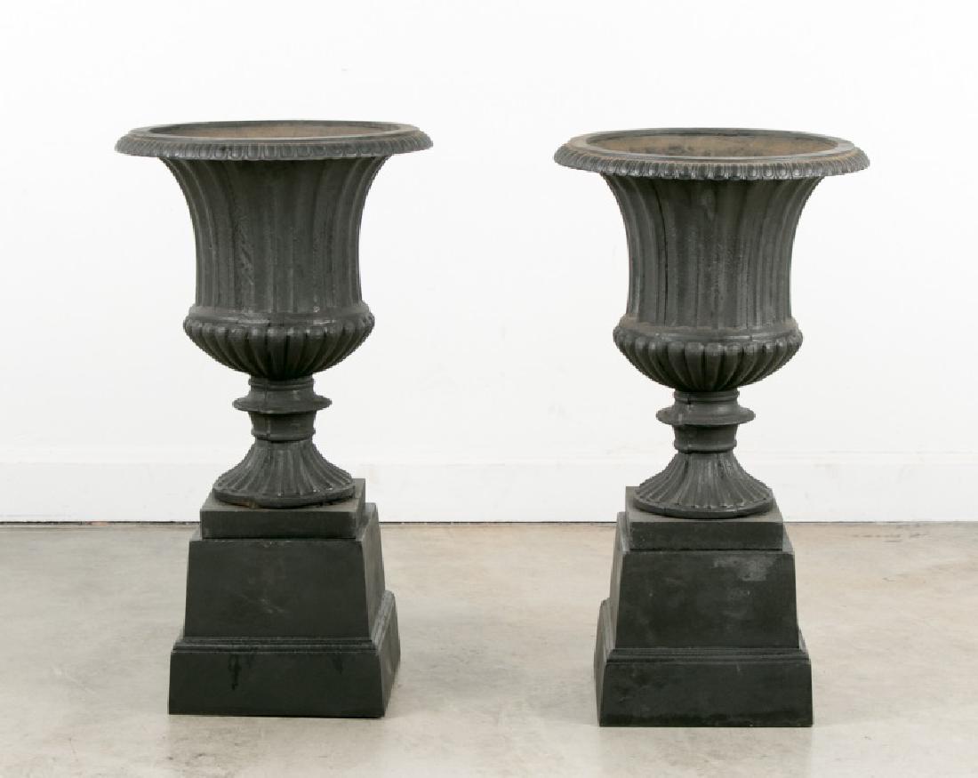 Pair of Black Wrought Iron Garden Urns on Bases (1 of 3)