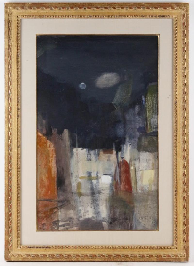 Mardi Barrie, "Night Town", Watercolor and Gouache: Mardi Barrie, (British 1931-2004), "Night Town" -1968, watercolor and gouache, signed lower right. Abstracted view of a night cityscape, moon dimly lighting the dark sky, abstracted skyline below, col