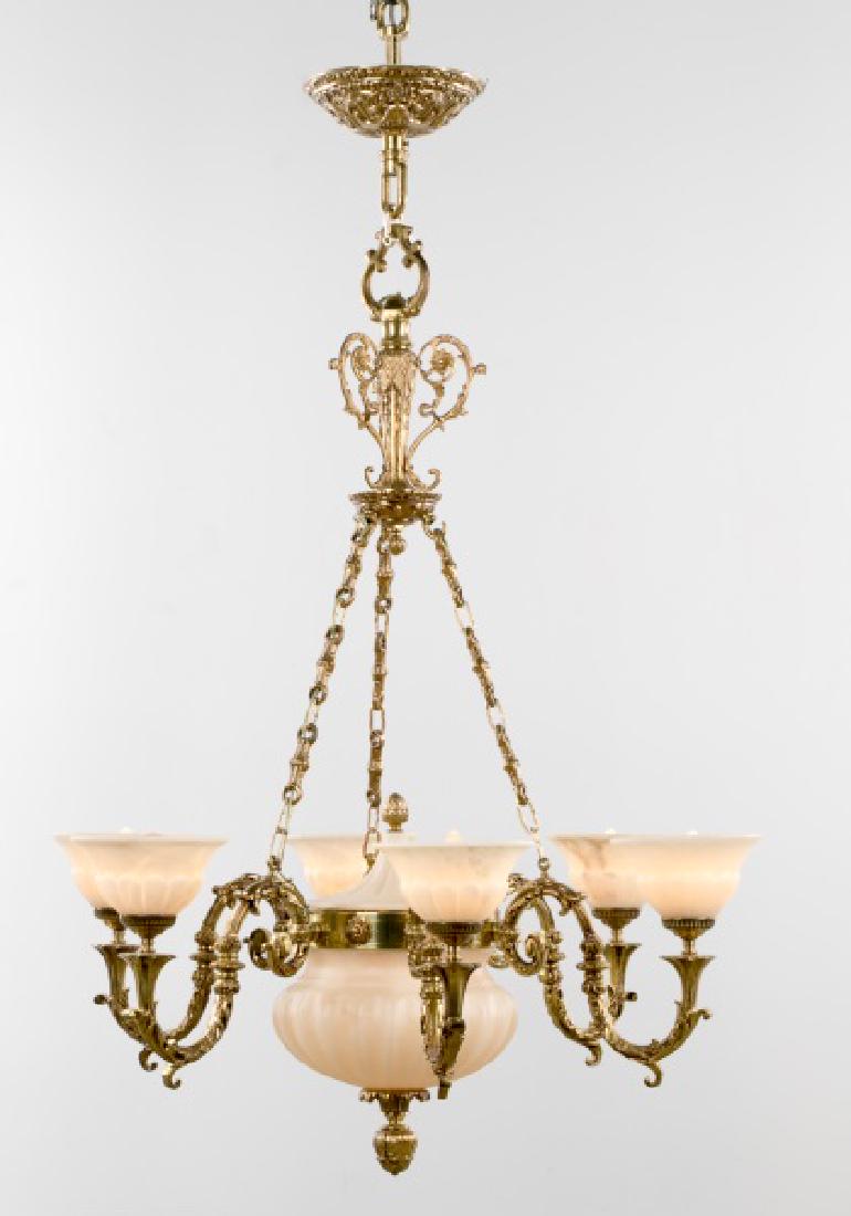 Continental Bronze Chandelier, Alabaster Shades (1 of 3)