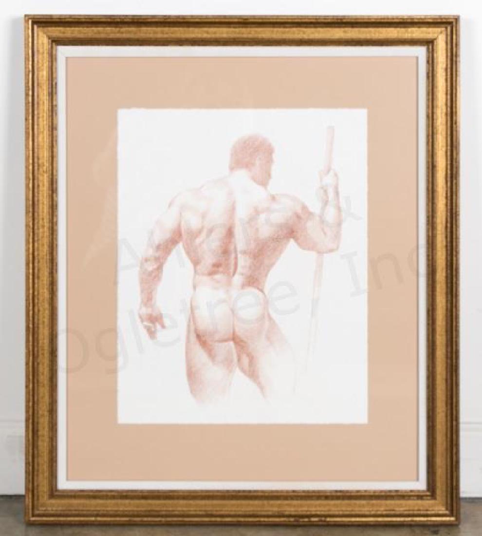 D.E. Henry Signed Brown Conte Pencil Drawing Nude: David Eugene Henry (American, 1946-) "Male Nude with Staff" Conte pencil on CM Fabriano 100 cotton paper with 4 deckled edges Signed inside figure's staff 24" X 28" (framed) 14" X 17" (sight)