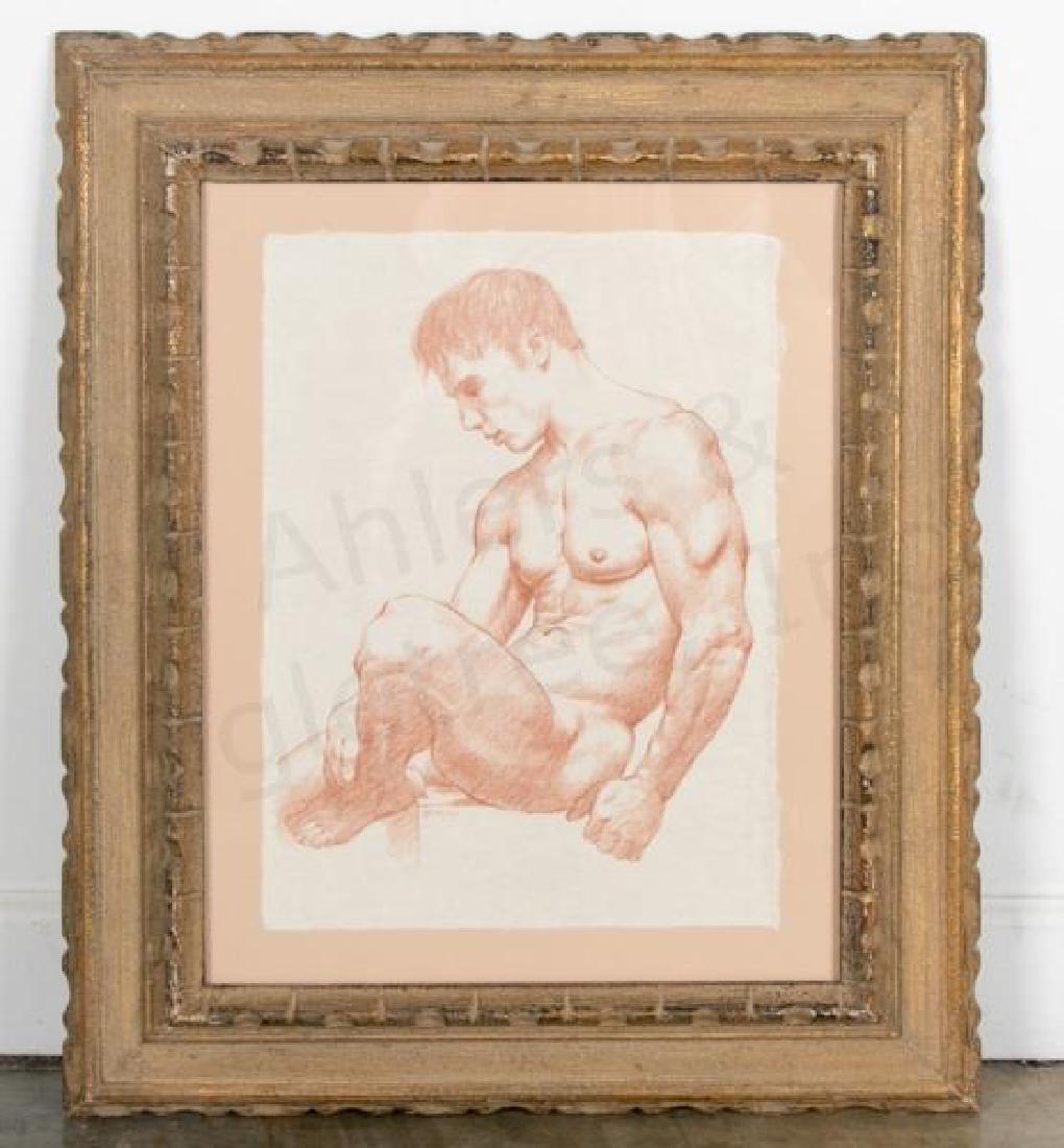 D.E. Henry, Signed Brown Conte Pencil Sketch, Nude: David Eugene Henry (American, 1946-) "Male Nude" Brown conte pencil on hand made paper Signed lower left 22.75" X 26.5" (framed) 12.5" X 17" (sight)