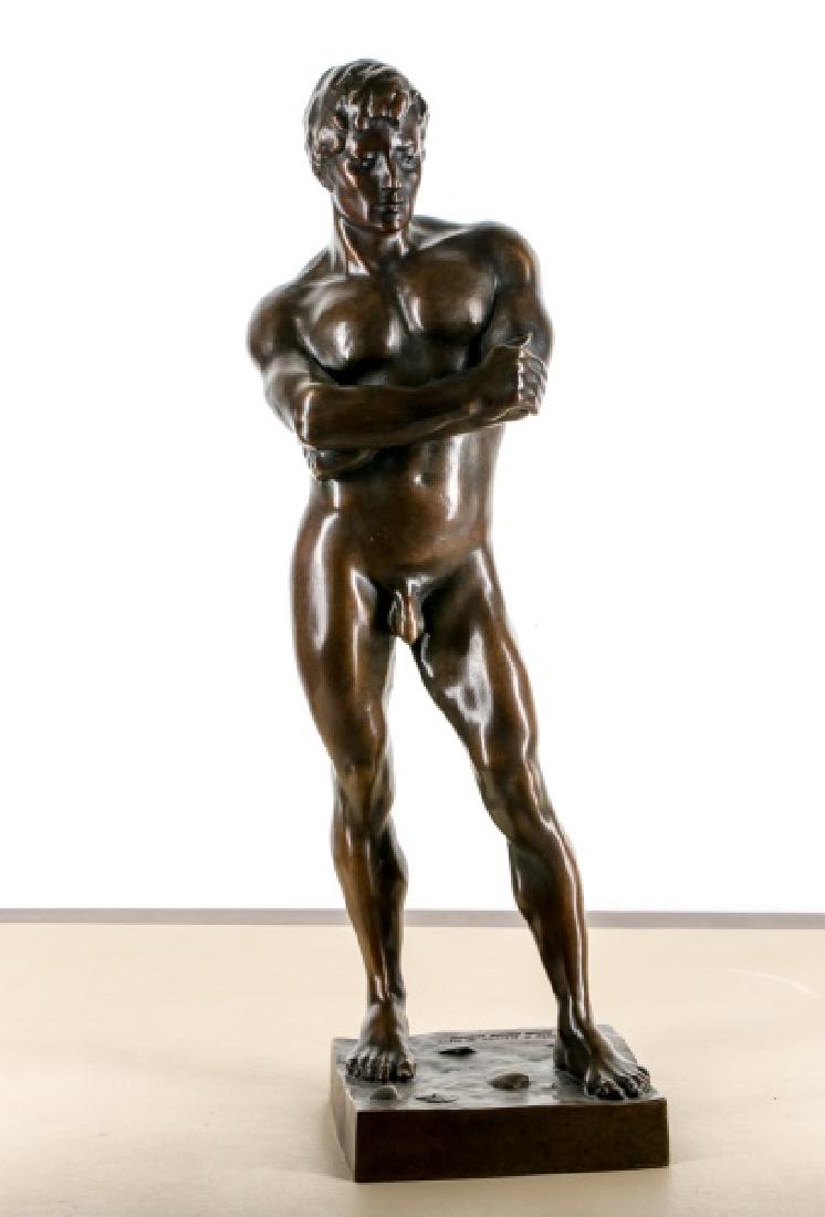 D. Henry Standing, Male Nude Bronze on Beach: David Eugene Henry (American, 1946- ) Figure of a nude male standing on a beach with shells Impressed signature, copyright, and Roman Bronze Foundry mark to base 21" x 5.75" x 6"