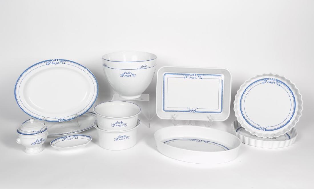 12 PC "Cafe Paris" Blue & White Baking/Serving Set: Bernardaud (France, founded in 1863), late 20th century A "Cafe Paris", Les Residences blue and white porcelain serving / baking partial set including, one lidded sugar bowl, one small serving dish, o