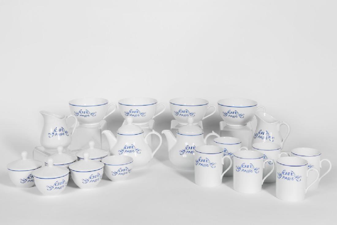 Bernardaud 20 PC "Cafe Paris" Tea & Coffee set: Bernardaud (France, founded in 1863), late 20th century A 20 piece set of "Cafe Paris", Les Residences blue and white porcelain partial coffee service. Including six mugs, four tea cups, five sugar bo