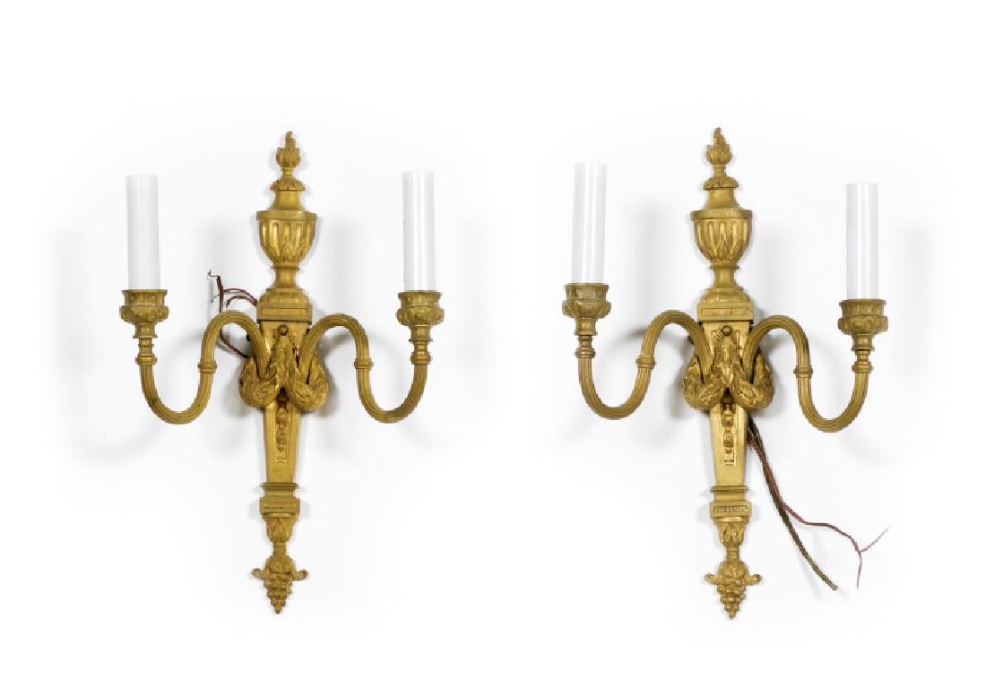 Pair, 19th C. Gilt Bronze Two Light Wall Sconces (1 of 5)