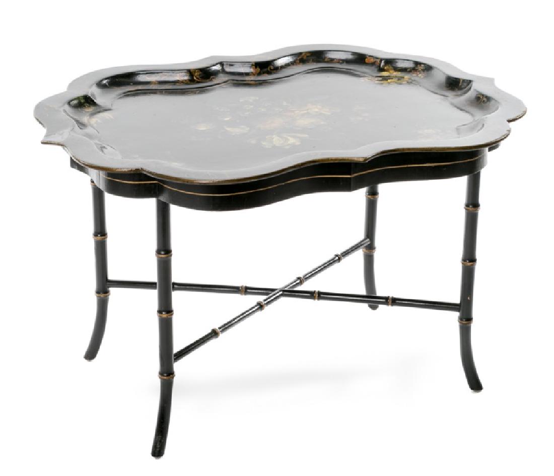 19th C. Papier Mache Black Lacquered Tray Table (1 of 4)