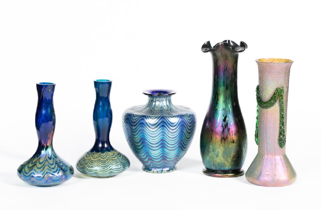 Group of Five Art Glass Vases by Loetz, Signed (1 of 3)