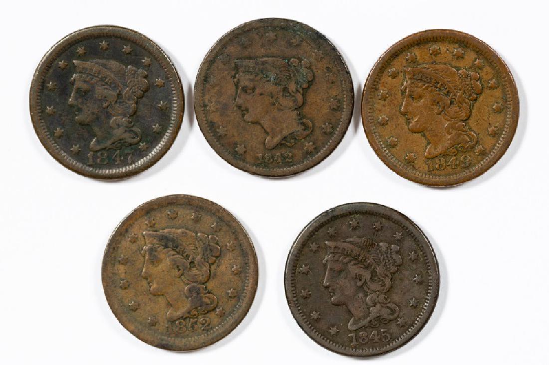 Five U.S. Braided Hair Liberty Large 1c, 1842-52 (1 of 2)