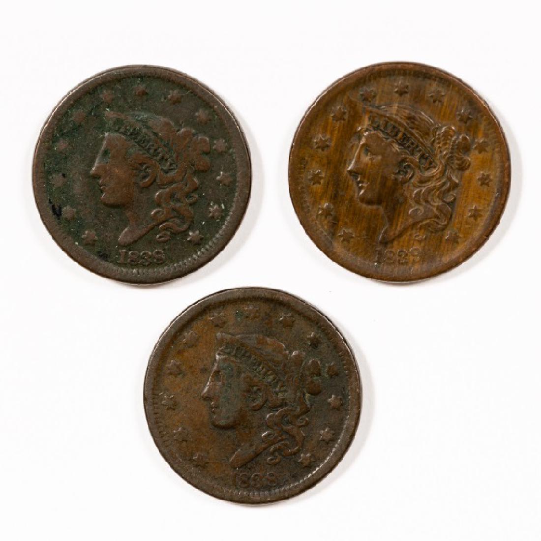 Three U.S. Coronet Liberty Large 1c Coins (1 of 2)