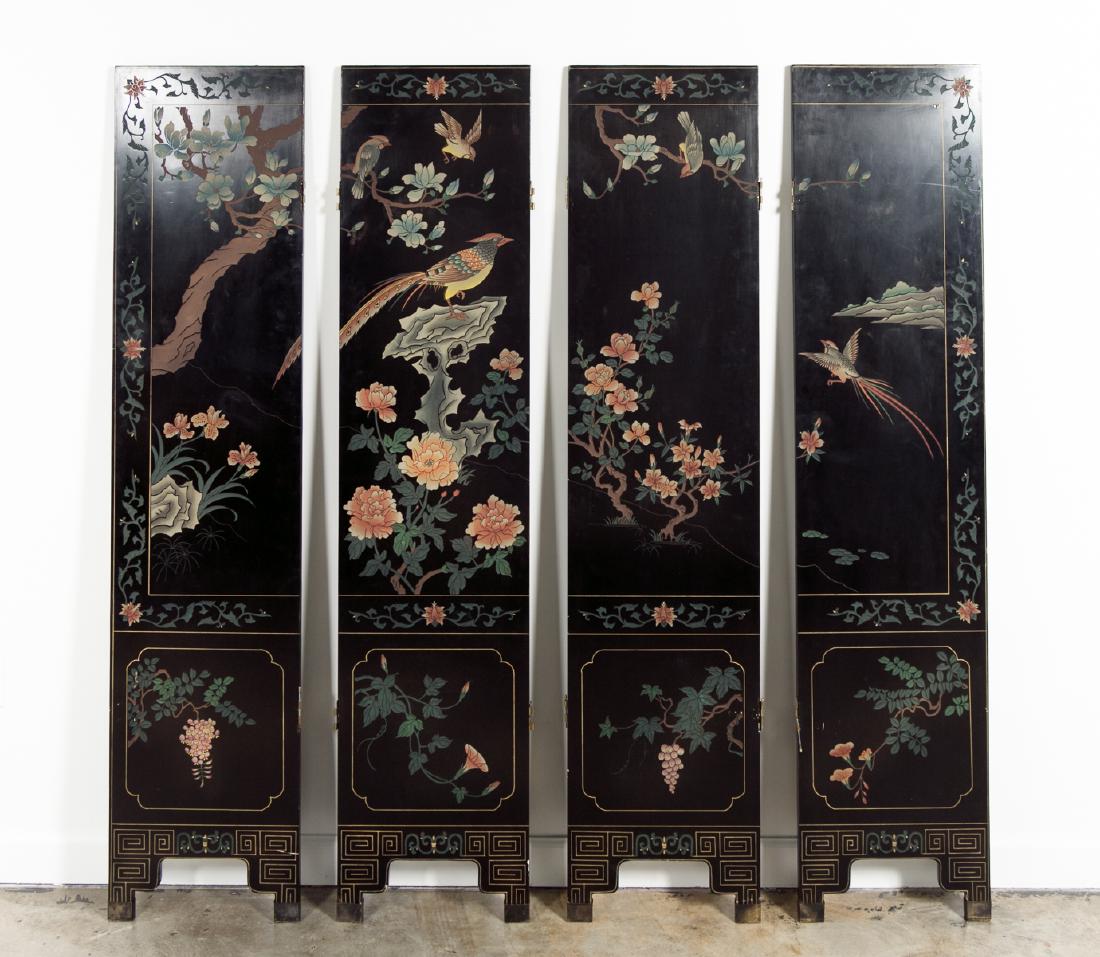 20th C. Chinese Black Lacquered Four Panel Screen (1 of 8)