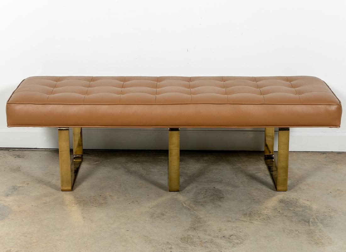 Modern Brass & Tan Leather Upholstered Bench (1 of 5)