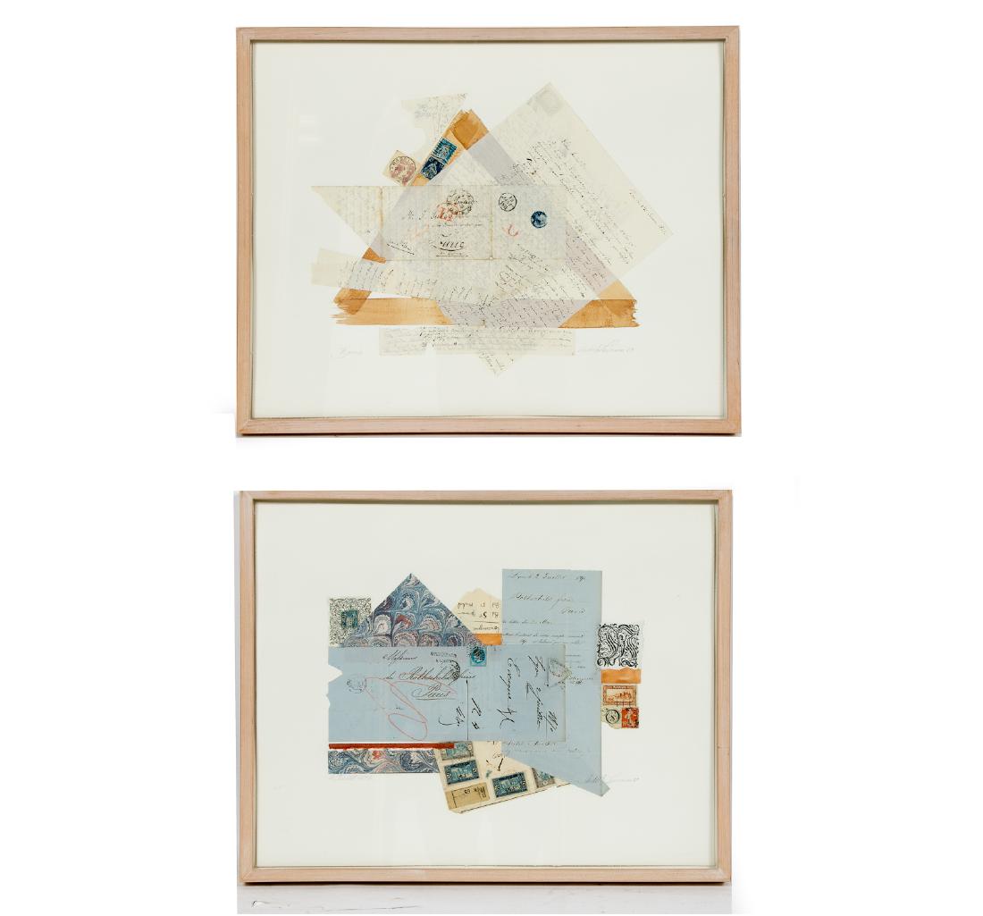 Ardith Lauerman, Mixed Media Letters / Stamps: Ardith Lauerman (American, 1938-1999), late 20th century A group of two framed mixed media collages of Letters Mixed media on paper Signed lower right, titled lower left, "Zuric" & "2 Juillet 1870" Ap