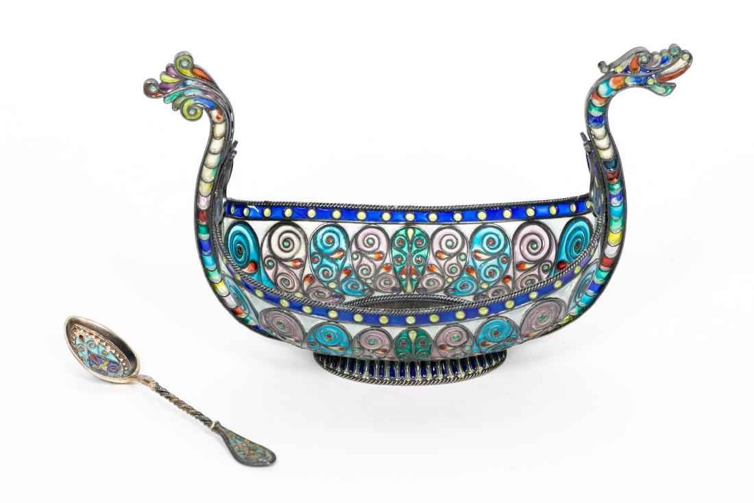 Norwegian Plique a Jour Dragon Motif Boat w/ Spoon (1 of 8)