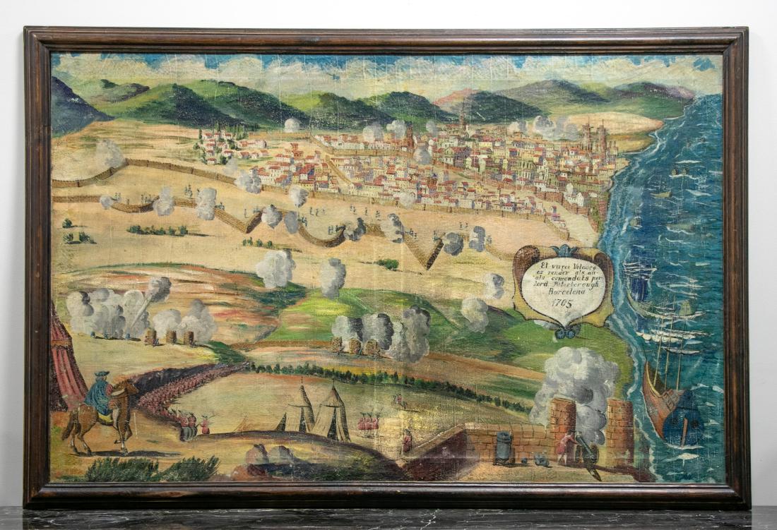 18th C. Spanish Oil, Map of the Siege of Barcelona (1 of 3)