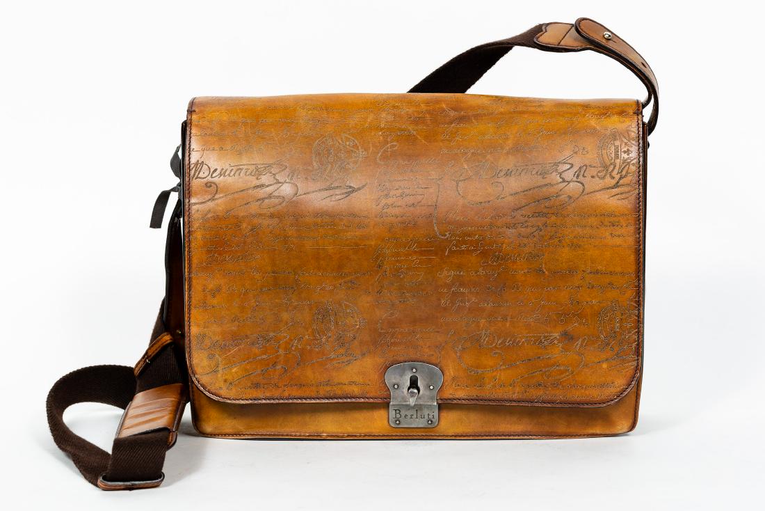Berluti Brown Leather Messenger Bag w/ Script (1 of 10)