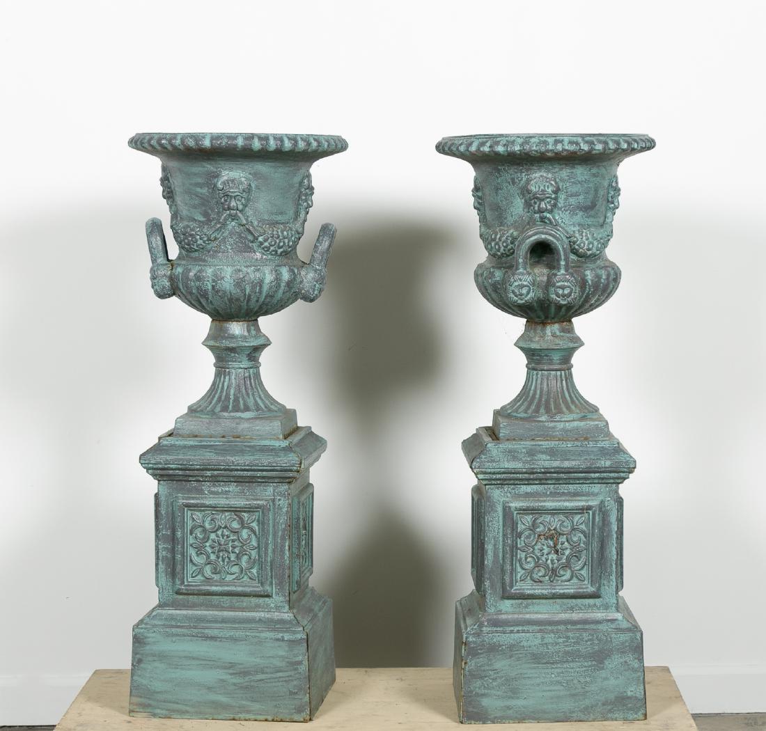 Pair of Patinated Metal Garden Urns on Stands (1 of 7)