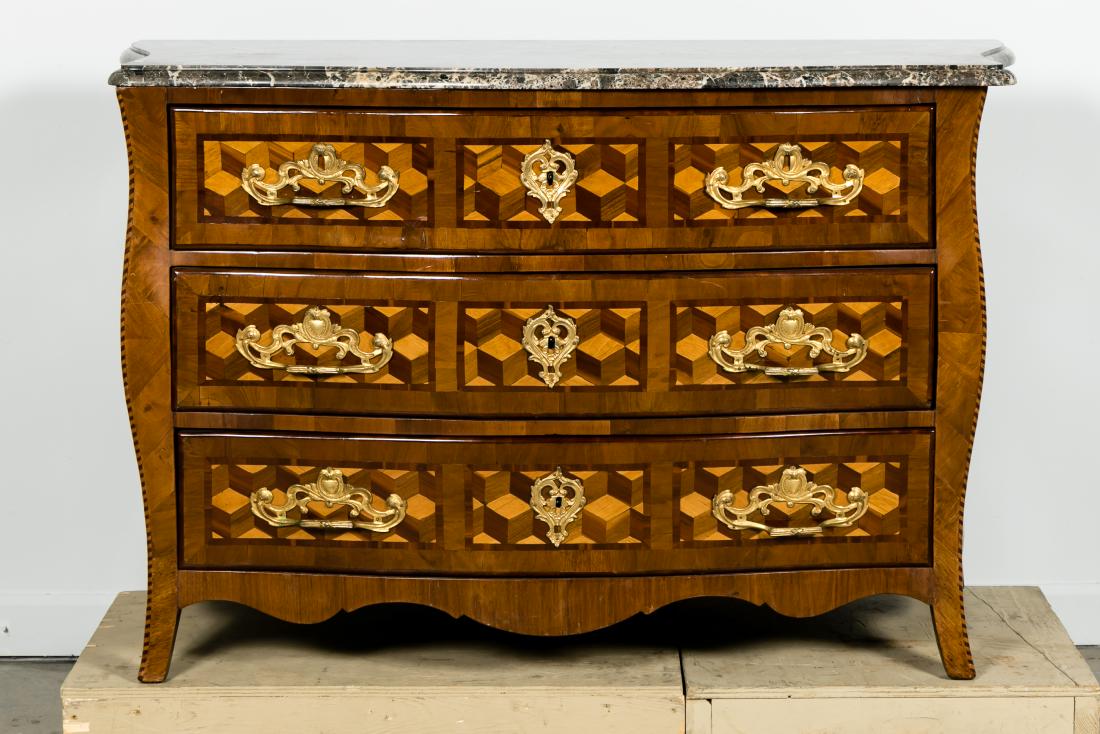 Louis XV Style Marble Top Parquetry Inlaid Commode (1 of 10)