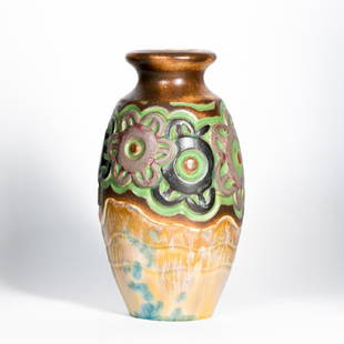 Mougin Freres Nancy, Vase with Embossed Flowers: Mougin Freres (French) A stoneware vase with crystalline glaze on the bottom two thirds of the form and embossed flowers around the top half of the body Marked "Gres Mougin" Nancy 216 I on the bottom