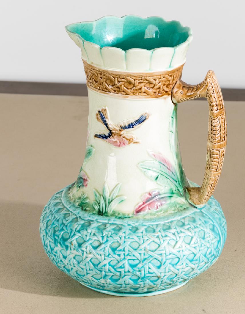 Majolica Bird Motif Handled Pitcher, Late 19th C. (1 of 3)