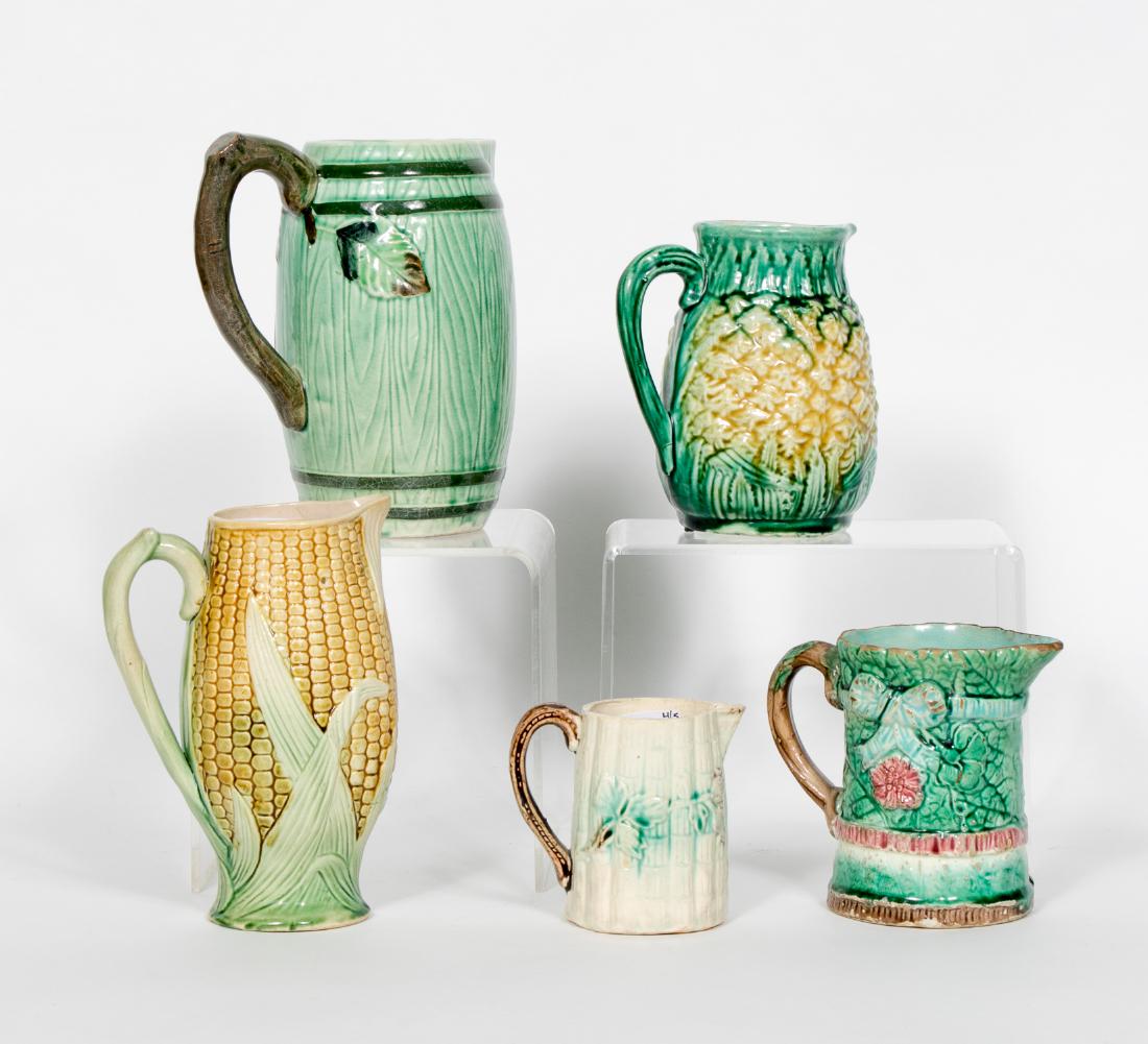 Group of 5 Majolica Handled Pitchers, 19th C. (1 of 2)
