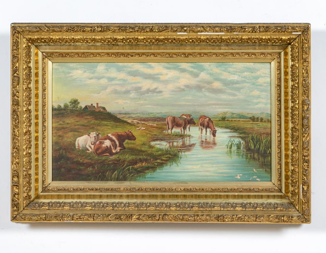 19th C. American School Oil, Cows at Waterside (1 of 4)