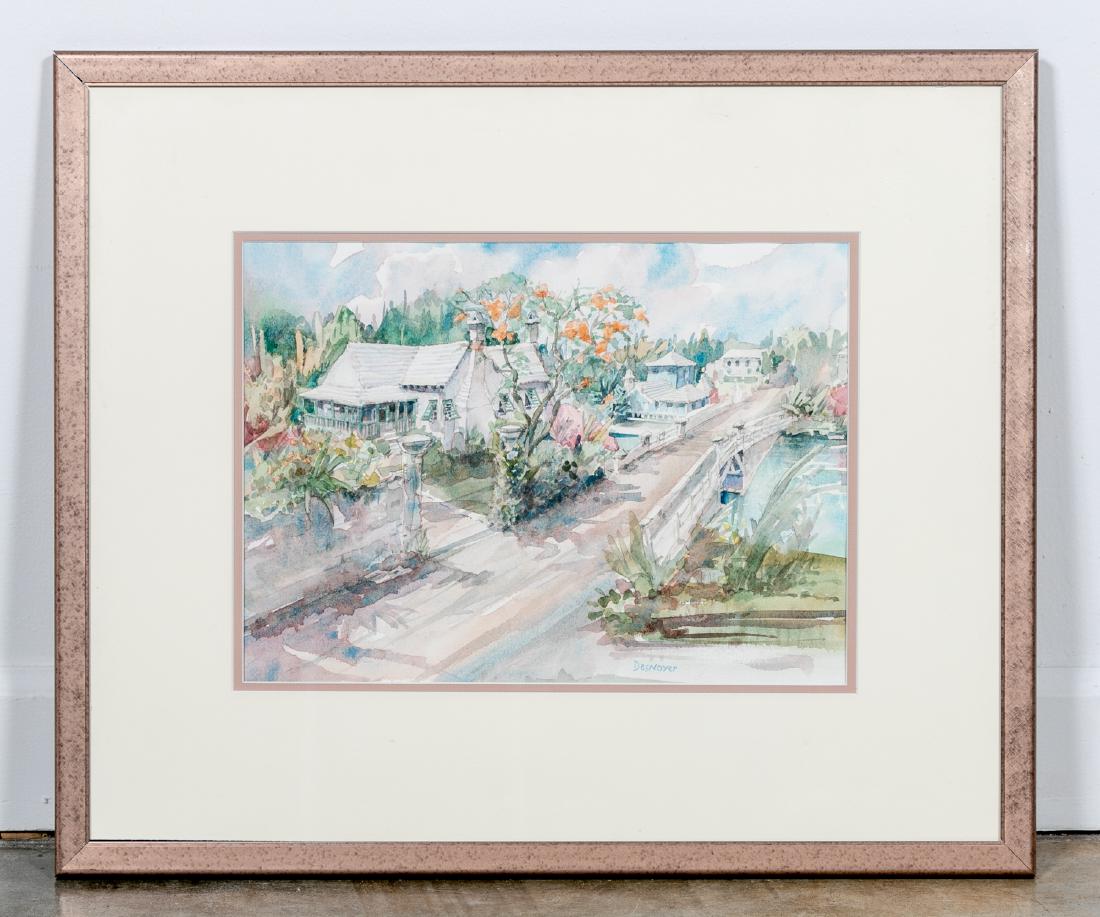 Francois Desnoyer Landscape Watercolor w/ Bridge: Francois Desnoyer (French, 1897-1972) An architectural / landscape scene of cottages and a bridge over water Watercolor on paper Signed lower rigth "Desnoyer" Approx. 20.5" x 24.25" (framed); 10.75" x