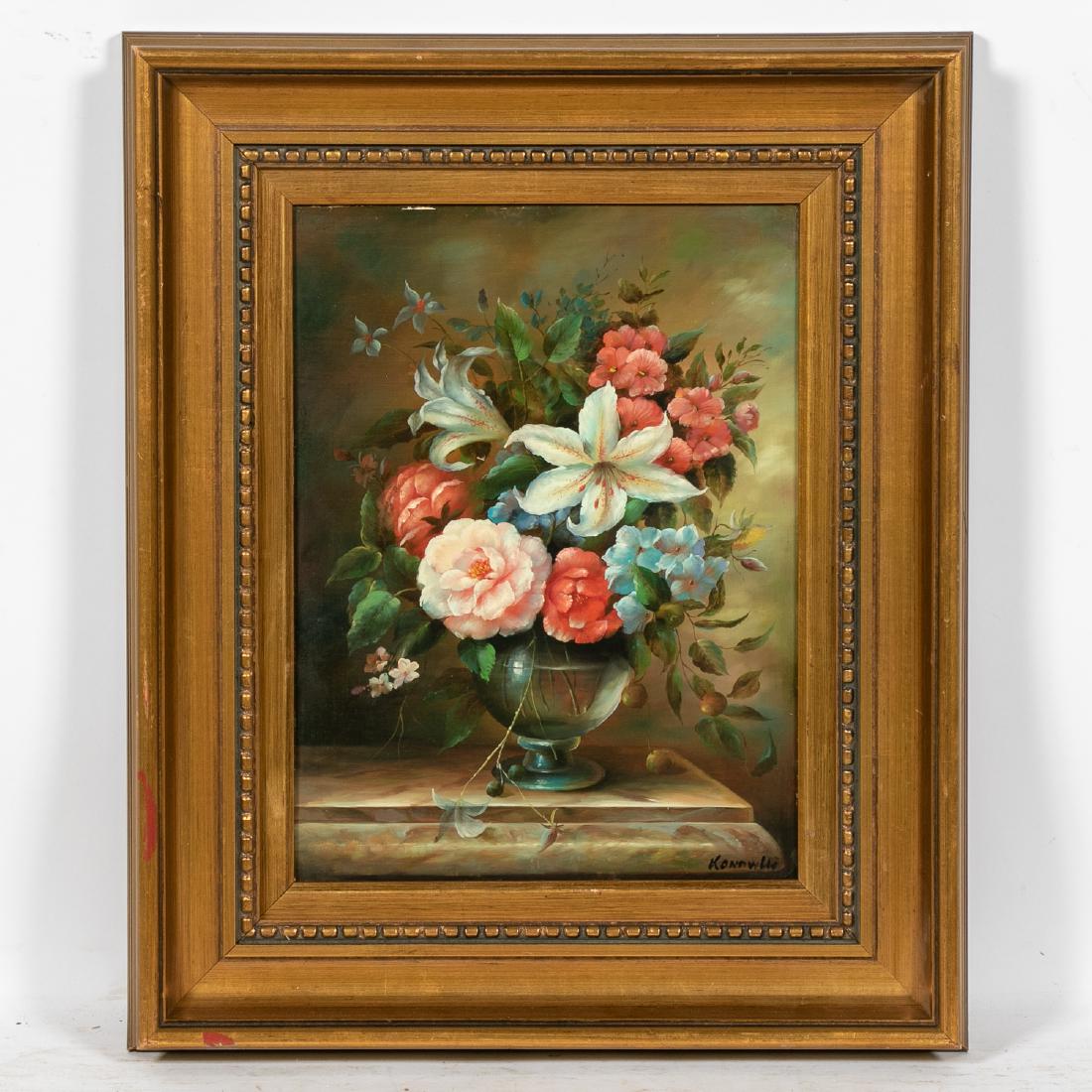 Continental School, Floral Still Life on Mantle: Continental School, 20th century A floral still life with lilies in a clear round vase Oil on board Signed lower right, illegible Approx. 23.25" x 19.625" (framed); 15.75" x 12" (unframed)