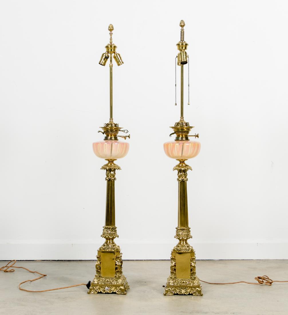 Pair, Pink Opaline Glass & Brass Table Lamps (1 of 8)