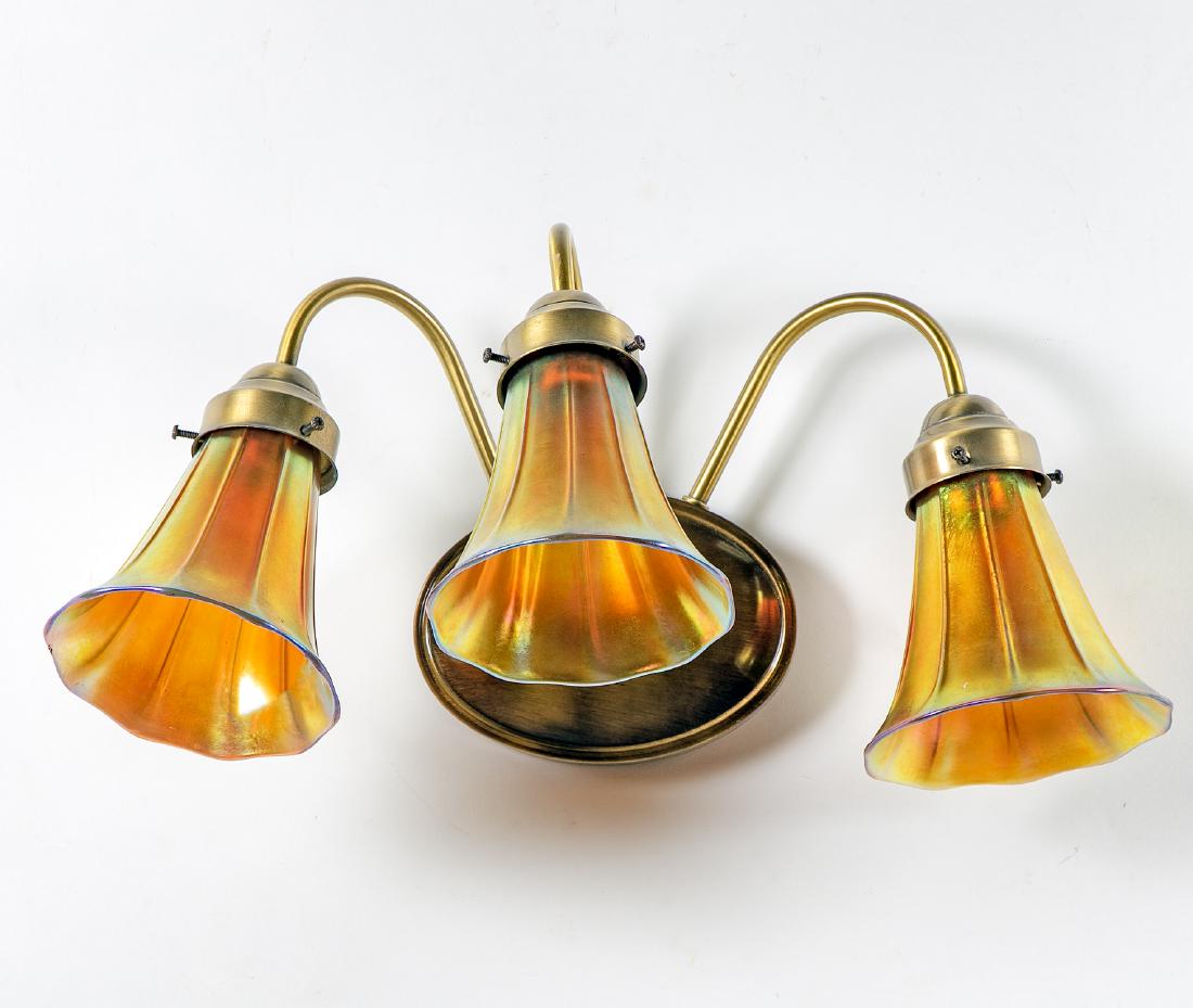 Steuben Iridized Yellow Glass Shades on Brass Sconce (1 of 9)
