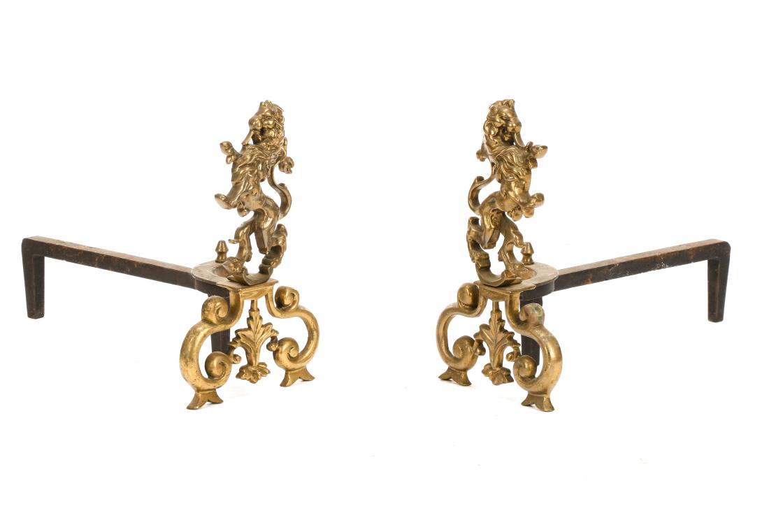 Pair, French Cast Brass Rampant Lion Andirons (1 of 1)