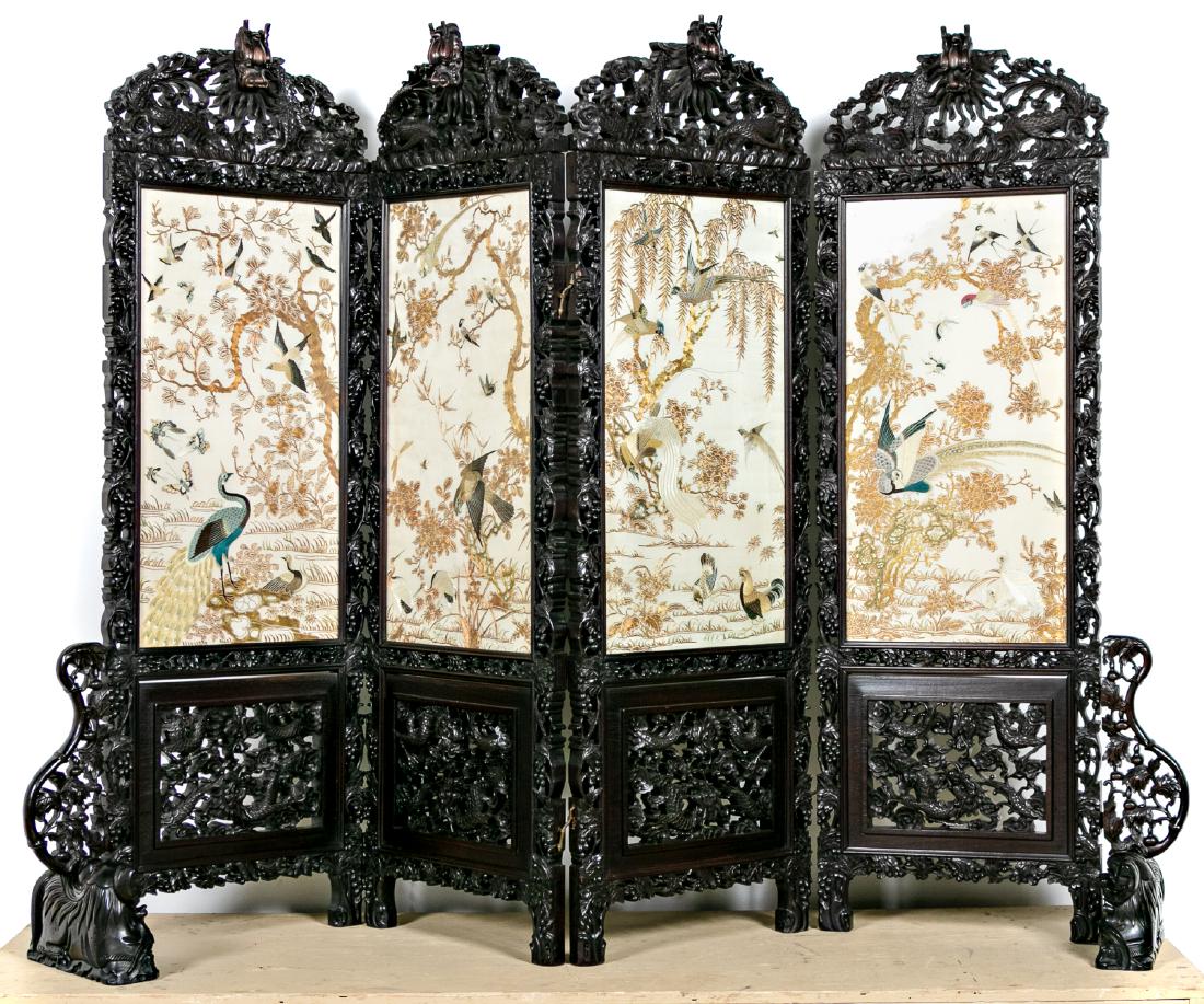 Chinese Carved Rosewood Screen, Embroidered (1 of 9)
