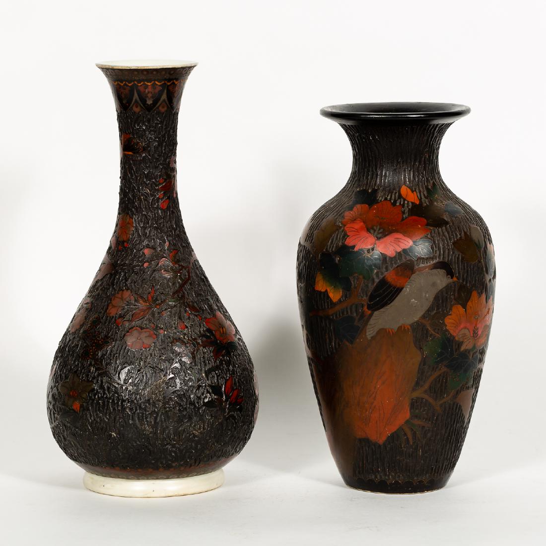Two Japanese Cloisonne Jiki-shippo Bark Vases: Japanese, 20th century A group of two Totai cloisonne "tree bark" vases with flower and leaf motif Unmarked Approx. h. 13.375" (tallest) Provenance: From the Lifetime Collection of Dick and Betty Hoep