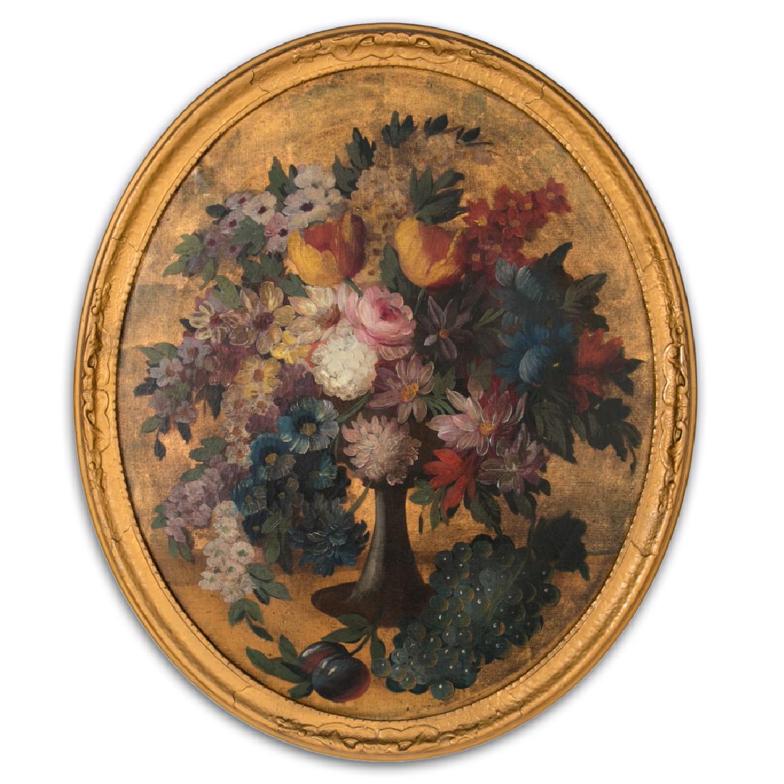 19th C. Oval Continental School Floral Still Life: Continental School Floral Still Life with Vase, 19th century Unsigned 33.5" x 28.12" (framed)