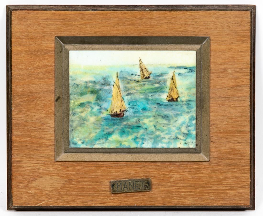After Manet, Seascape on Tile: After Edouard Manet. Enamel plaque with surface embellishments depicting 3 sailboats on the water. Approx. 7.75" x 9.375" (overall), 3.525" x 4.75" (tile) Provenance: From the Estate of Benjamin H. Oe
