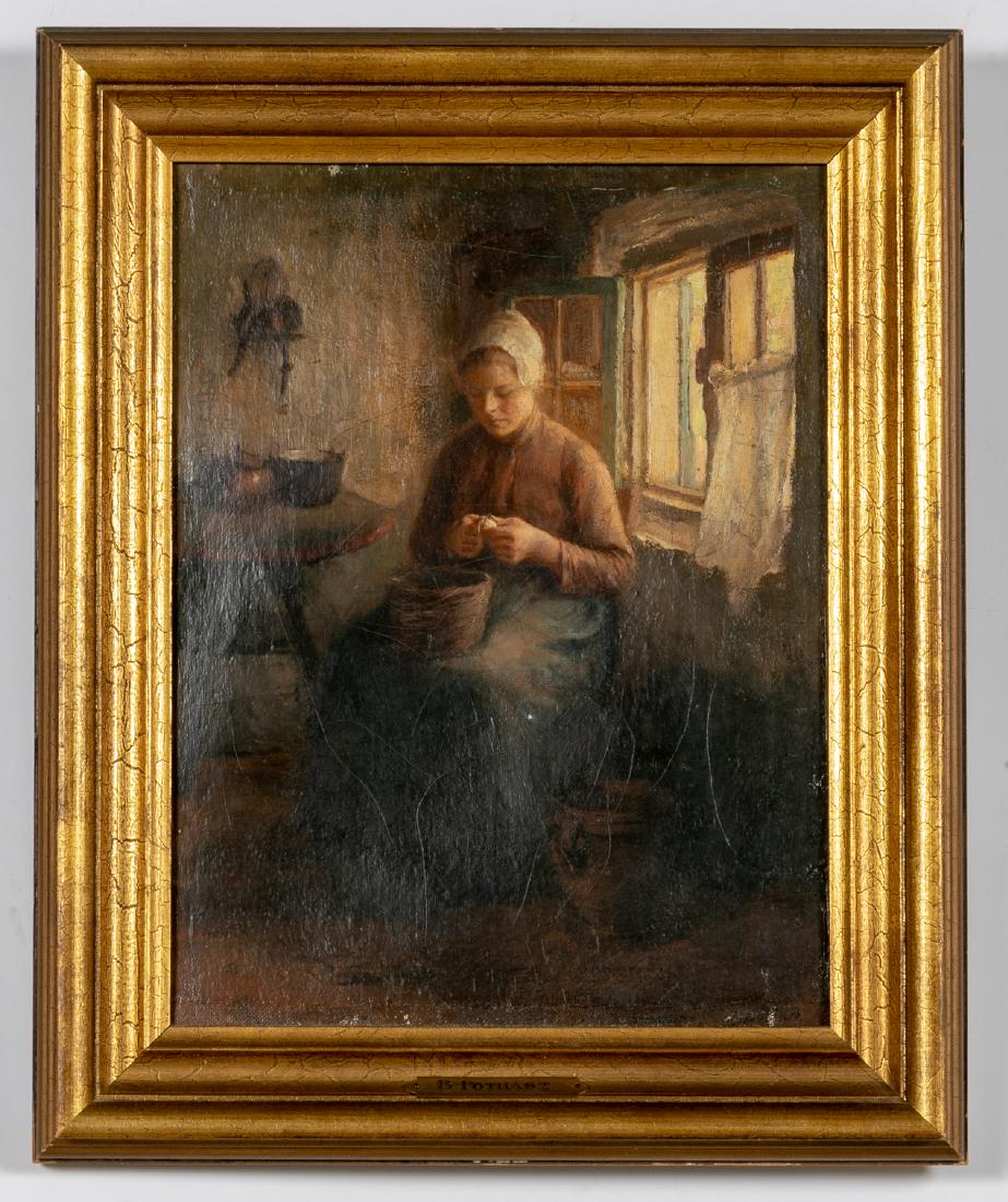 Bernard Pothast Interior Genre Scene, Signed: Bernard Pothast (Belgian,1882-1966) Interior figural genre scene depicting woman peeling vegetables Oil on canvas Signed lower right, "B Pothast."