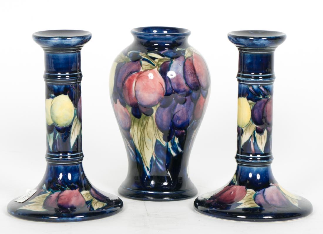 Moorecroft Three Plum Pattern, Candlesticks & Vase (1 of 3)