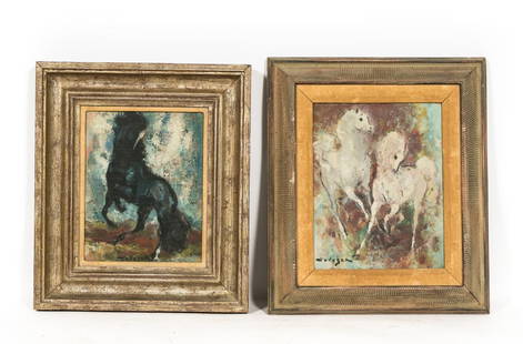 Group of 2 Denes De Holesch Horse Paintings, O/C: Denes De Holesch (American / Hungarian, 1910-1983) A group of two wild "Horse" painting, one black and two white Oil canvas artists board Signed lower left "Holesch" Approx. 15.125" x 18" (framed), 10