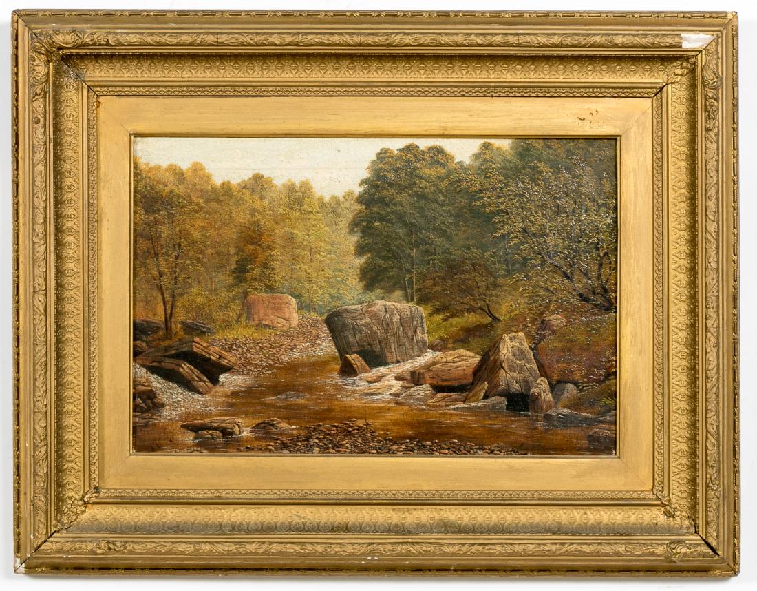 Henry T. Dawson "Devil's Water at Nun's Borough": Henry Thomas Dawson, British (1841-1896). "Devil's Water at Nun's Borough", oil on canvas in giltwood frame, signed, titled and dated to verso "T. Dawson 1871". Approx. 12" x18" (canvas), frame 20.5"