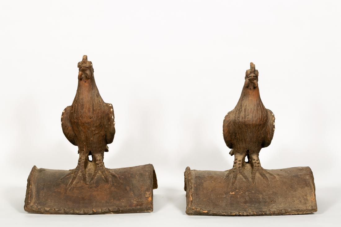 Pair, Pottery Stone Inset Rooster Roof Tiles (1 of 5)