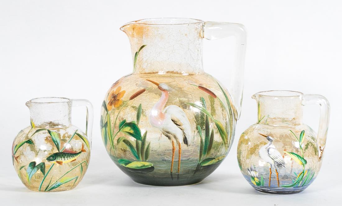 3 Crane Crackle Art Glass Pitchers, Attr. to Moser (1 of 2)